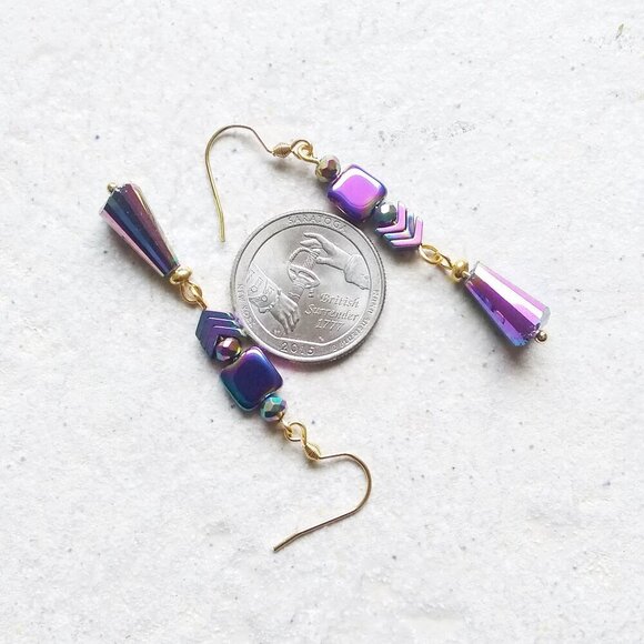 Peacock Purple Hues!!! One-of-a-kind Pair of Electroplated Dangle Earrings - Picture 4 of 7